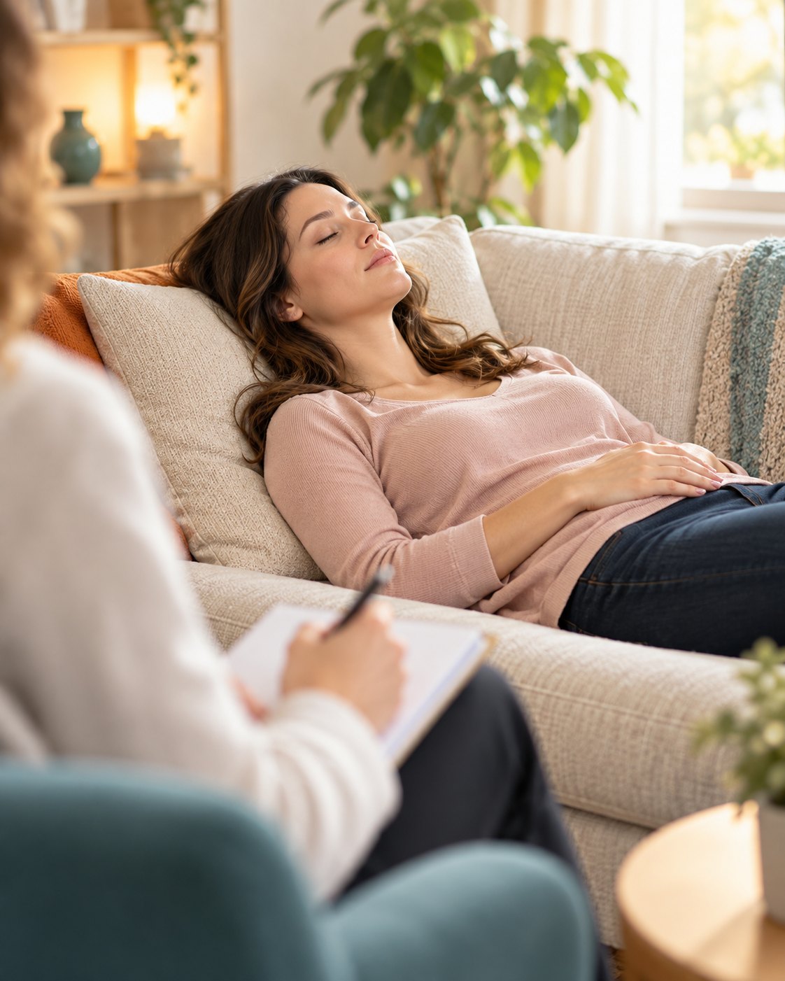 Une femme allongée sur un divan, les yeux fermés et les mains sur le ventre, pendant qu&rsquo;une thérapeute prend des notes au premier plan